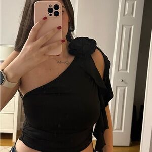 Black One-Shoulder Top with Floral Detail